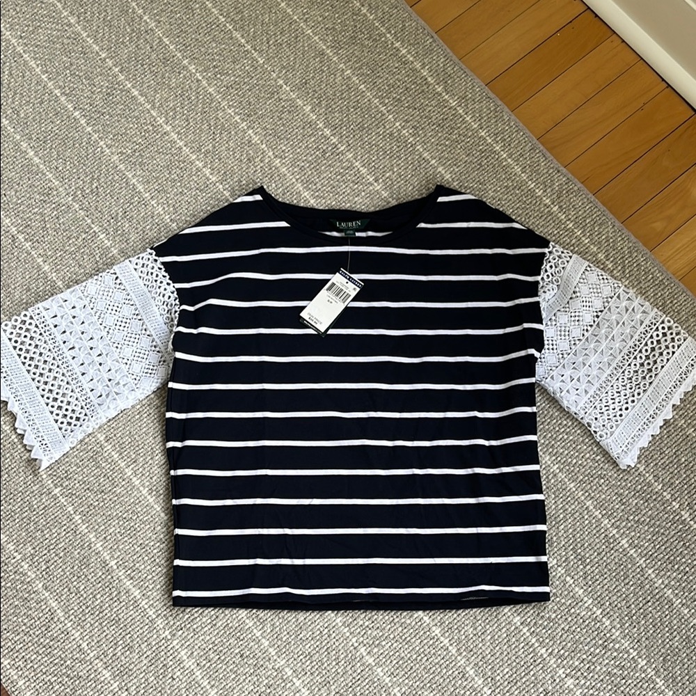 Lauren Ralph Lauren Size Small Navy White Striped Lace NWT Top women’s small